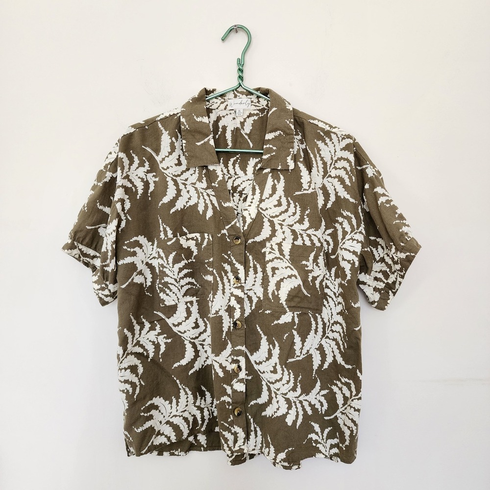 Wonderly Linen Blend Fern Print Button Down Shirt Olive Green White XL